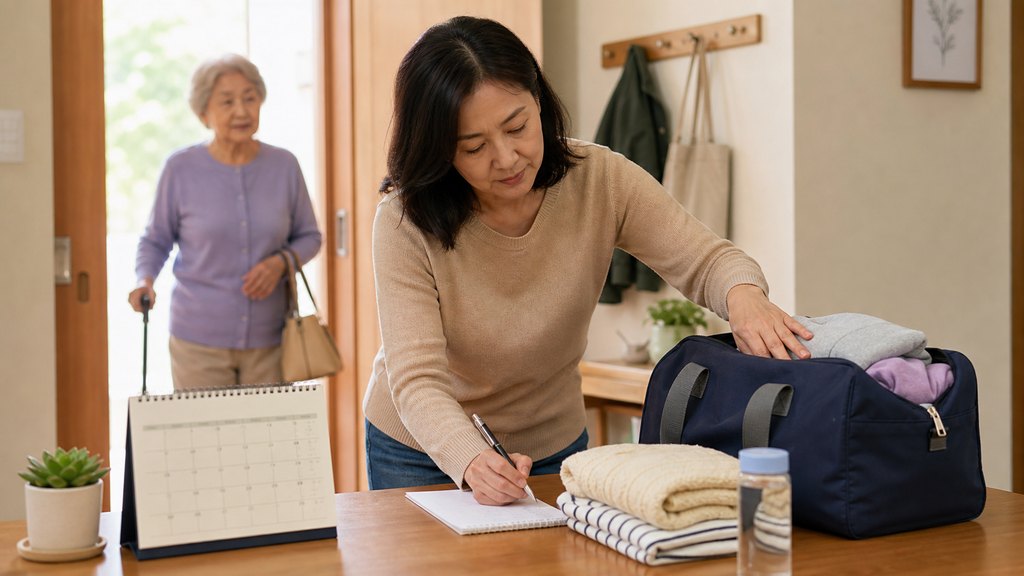 장기요양 가족휴가제 단기보호를 준비하며 가방과 일정표를 정리하는 가족 돌봄 장면