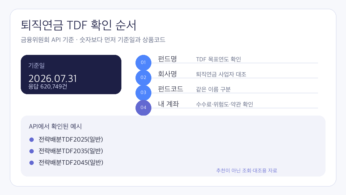 퇴직연금 TDF 2026 펀드 확인 방법: 펀드명 회사명 기준일 펀드코드 확인 순서 인포그래픽