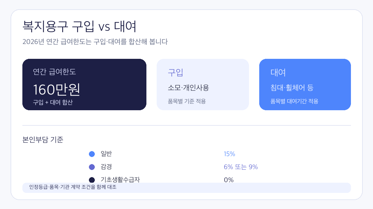 복지용구 구입과 대여 2026 연 160만원 한도 및 본인부담 기준 인포그래픽