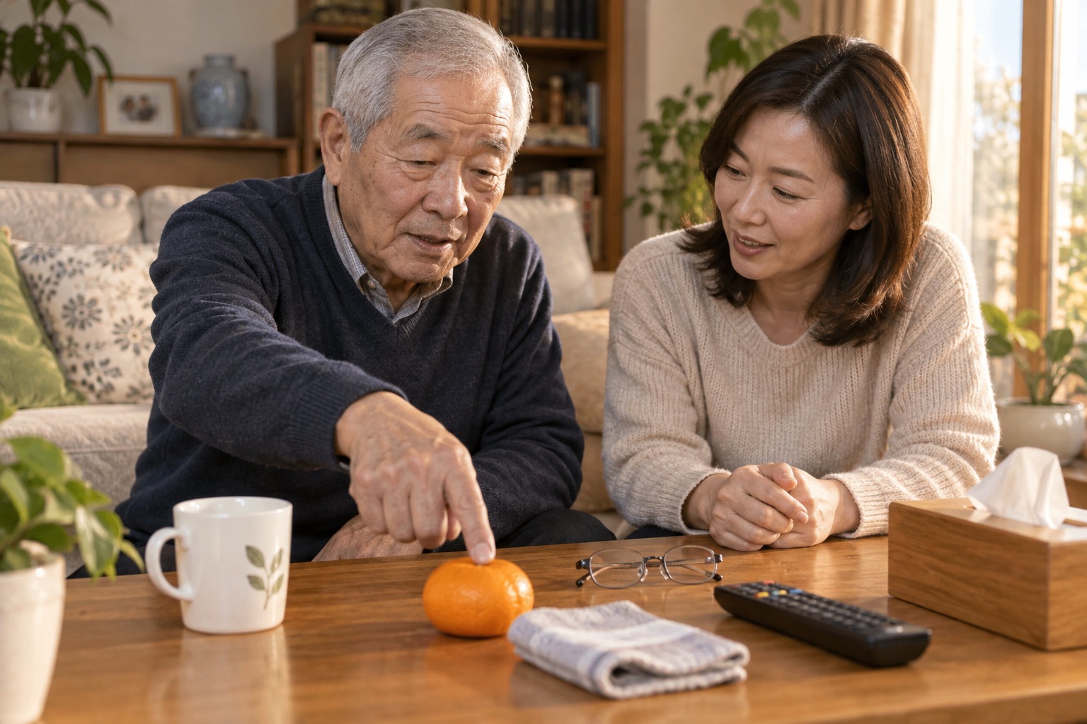 치매 자가점검 관련 가족과 함께 생활 속 기억 활동을 하는 장면