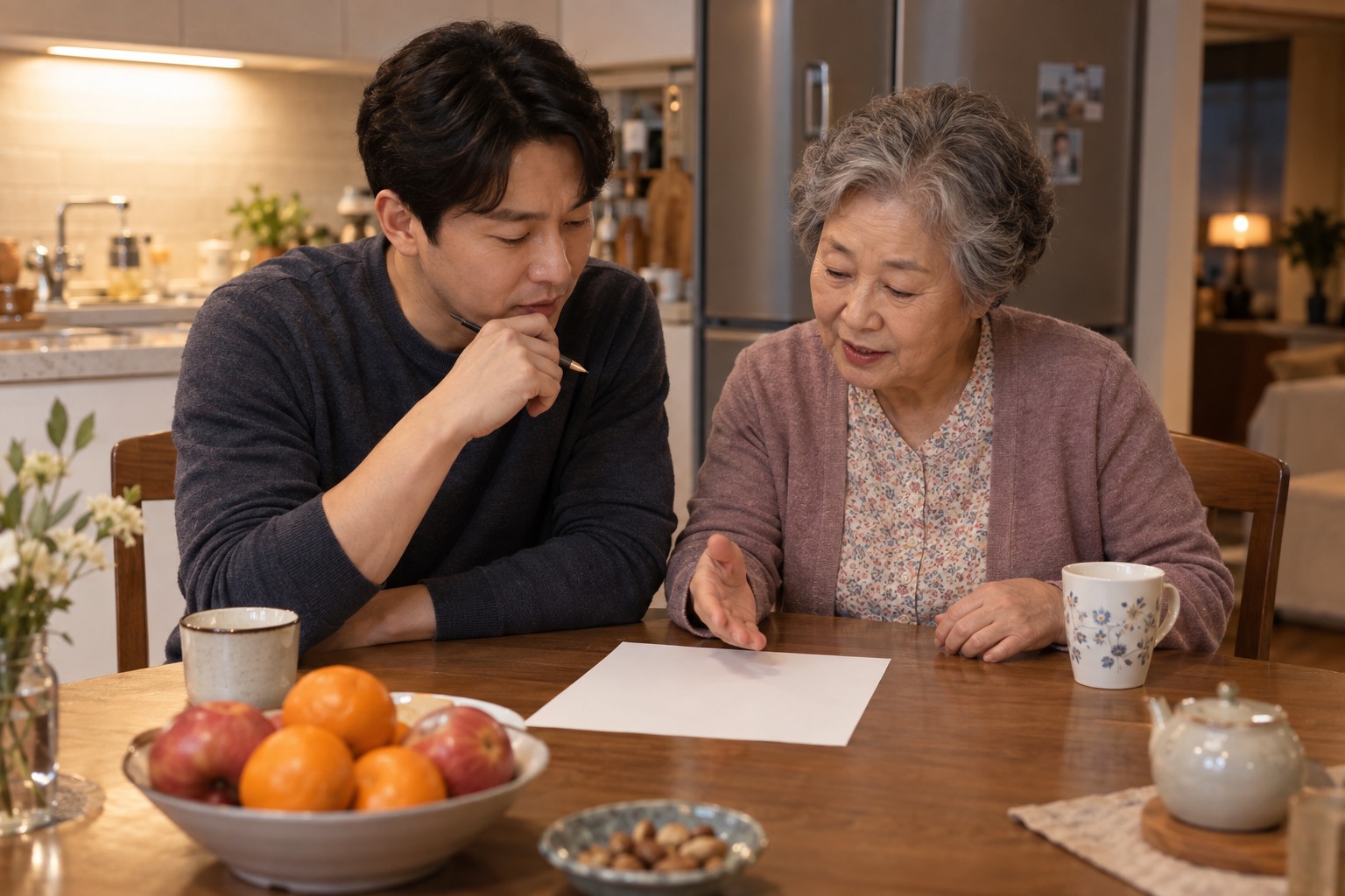 치매 자가점검 관련 질문을 정리하며 상담을 준비하는 장면